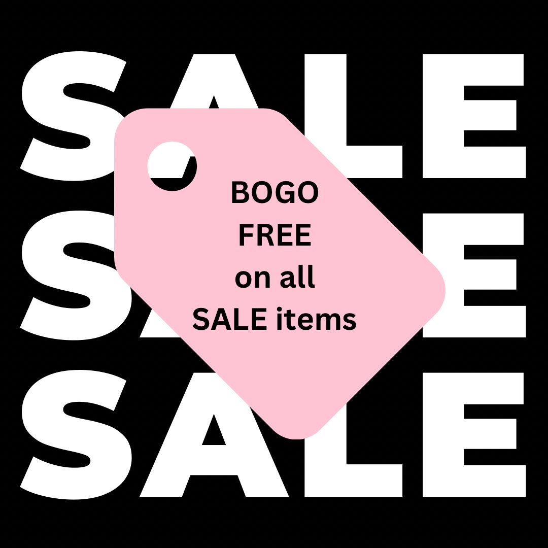 Pink sale tag with 'Bogo Free on all Sale items' text on a black background with 'SALE' text.