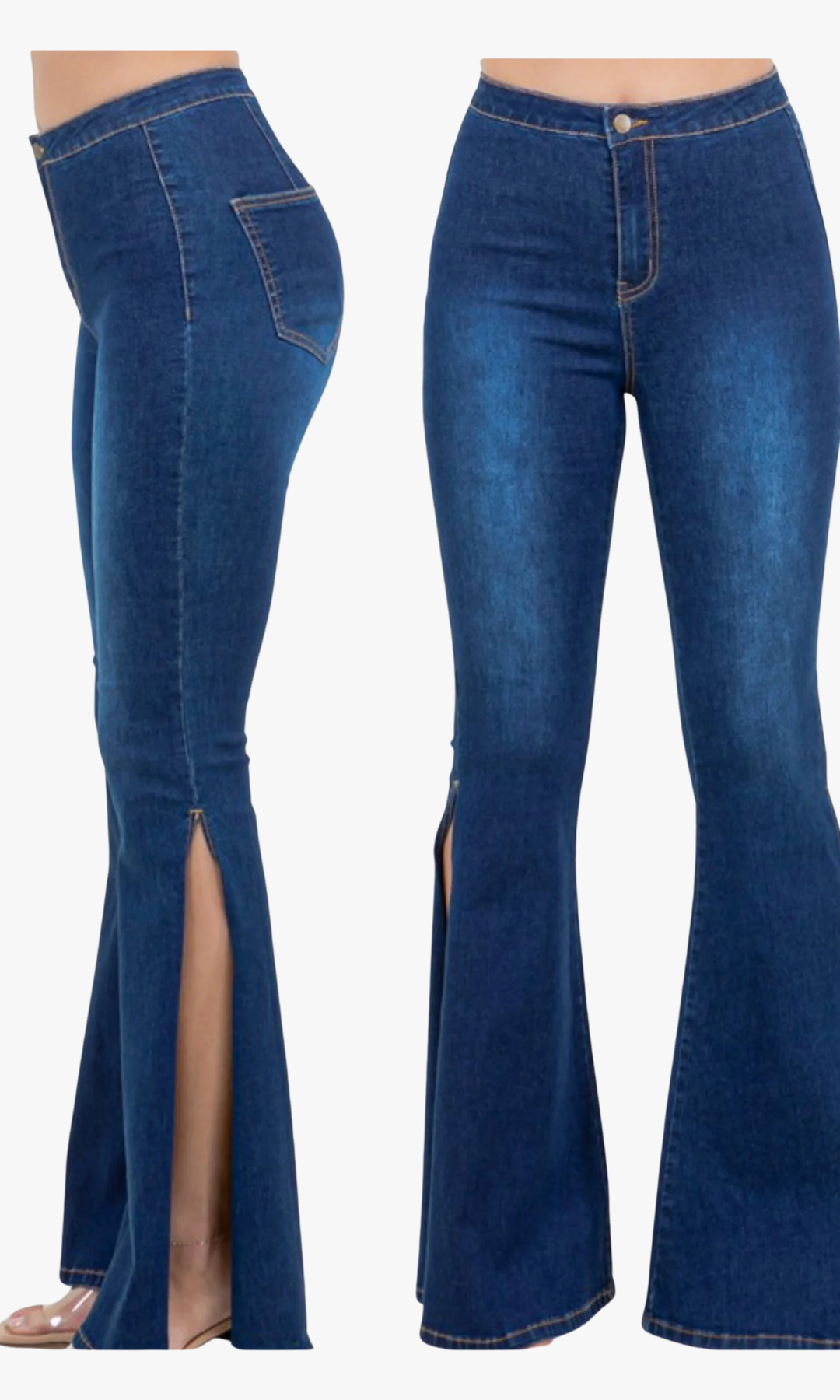 Side and front view of Bell Split bell-bottom jeans in dark blue denim with flared legs and slit.
