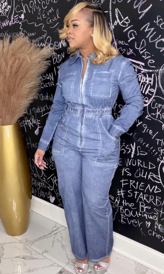 Front view of Blue Skies Light Jean Jumper styled with heels