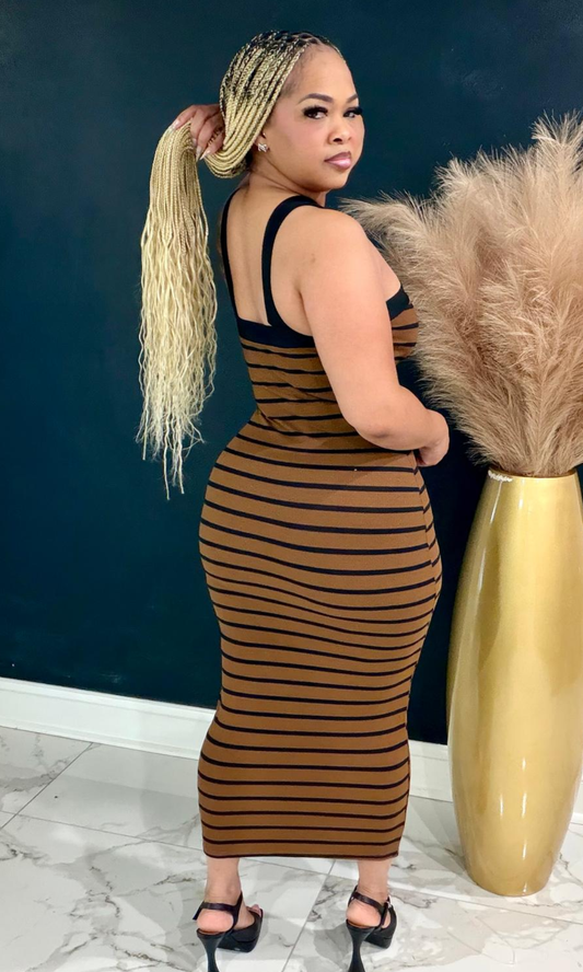 Brownie striped maxi dress featuring a crisscross halter neckline, bodycon silhouette, and soft stretch fabric for a timeless, sophisticated look.
