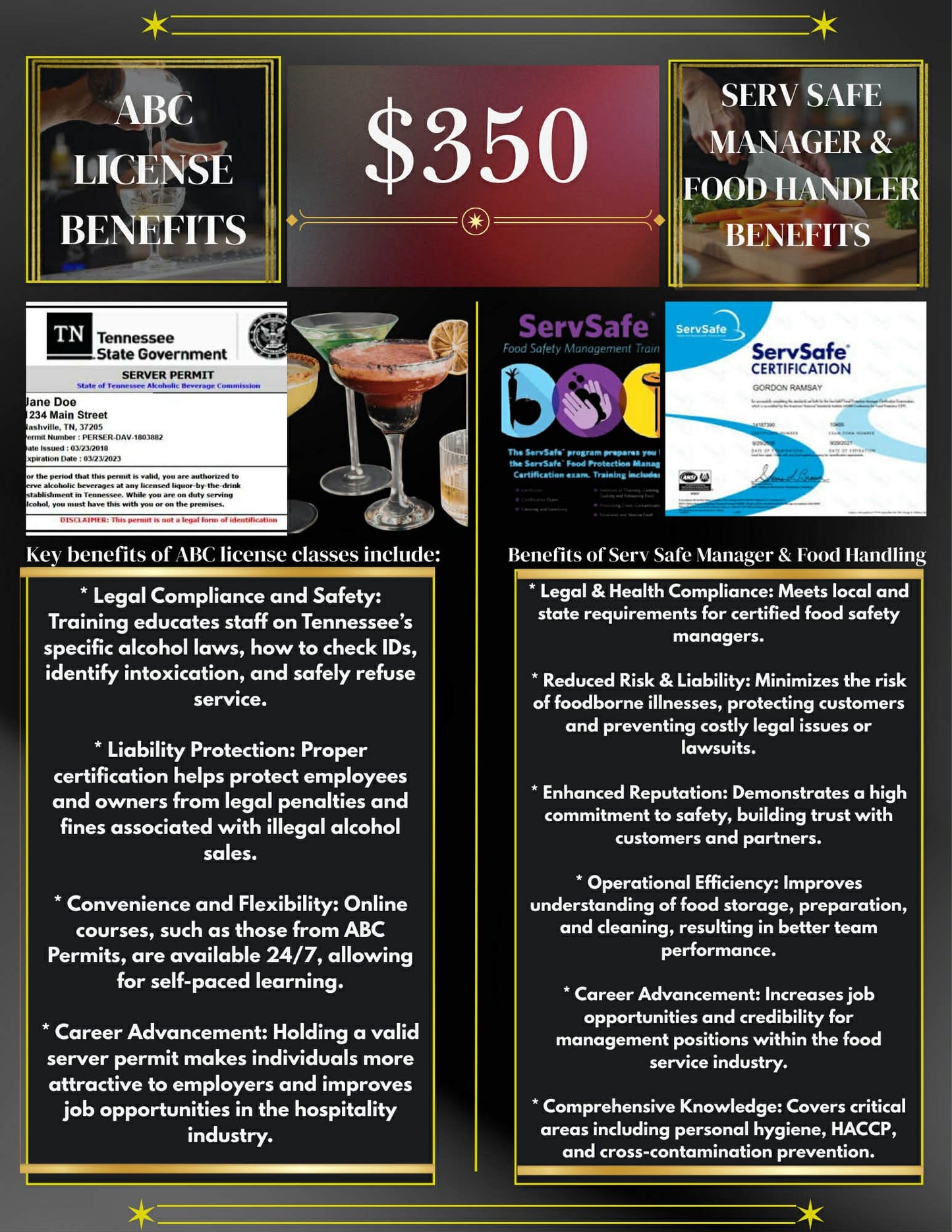ABC license training class
ServSafe food safety certification
Hospitality certification training
Food and alcohol safety class
