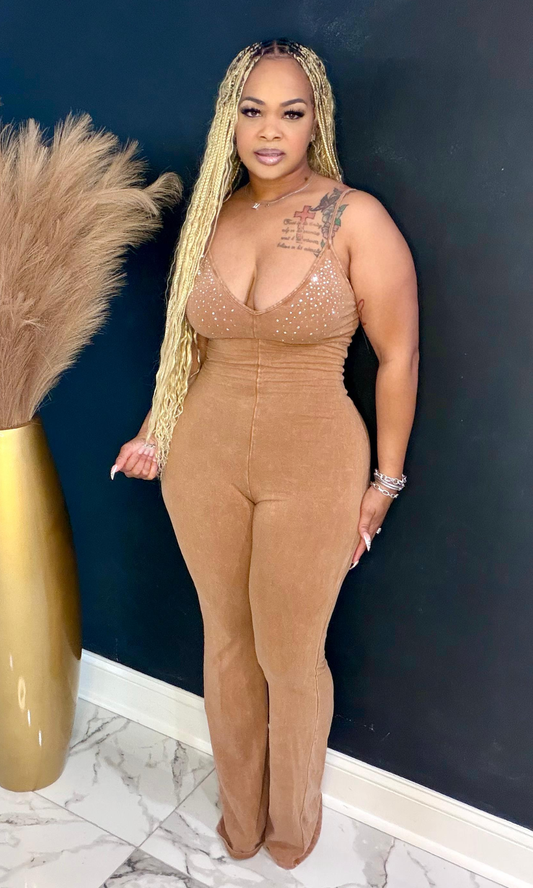 Diamond Body Tan Romper front pose with rhinestone bust detail and sculpted fit