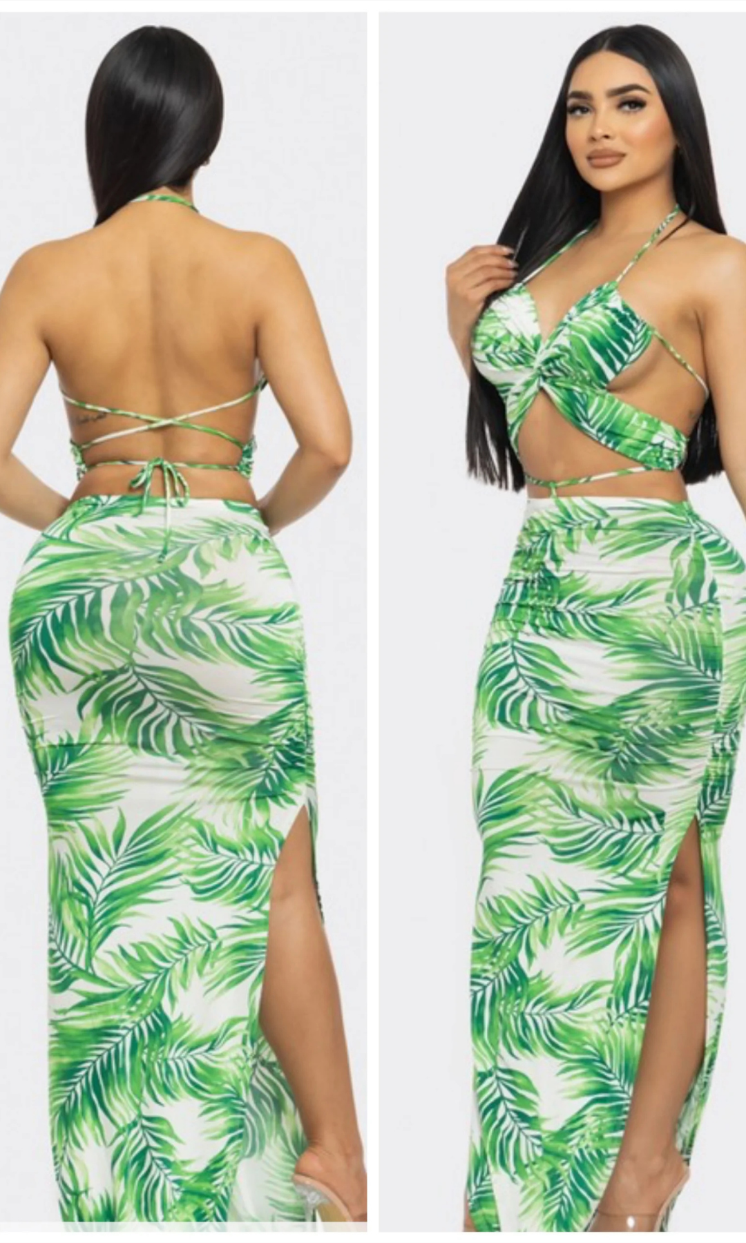 Green and white leaf-patterned outfit worn by a model on a plain background