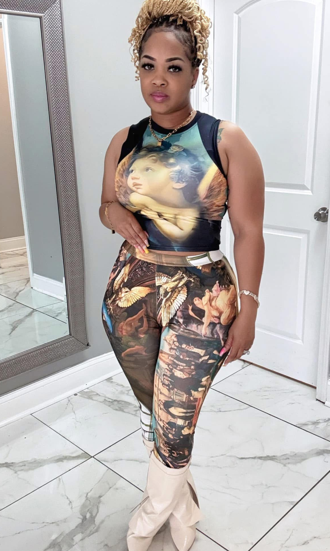 Woman wearing Innocence Set, full front pose showing detailed artistic print.