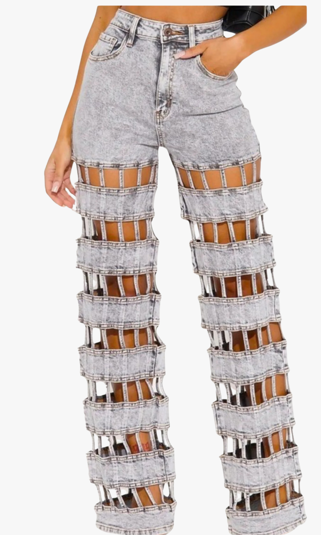 Front view of high-waist lattice cut acid-wash jeans Mama Jamma Bottoms