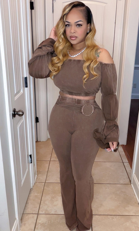 Front view of Mocha Muse Two-Piece Set showing off-the-shoulder top and belt detail.