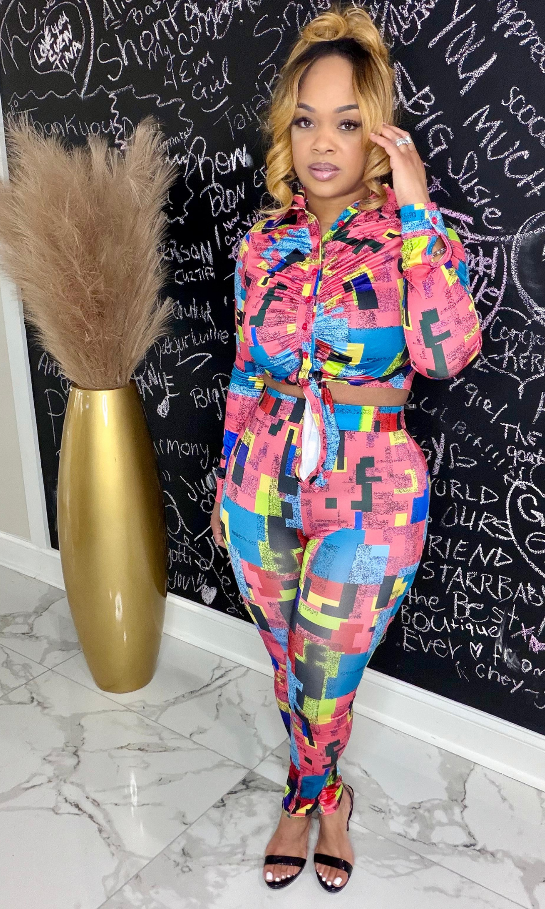 Model wearing Now and Later Set with multicolor abstract print, front view