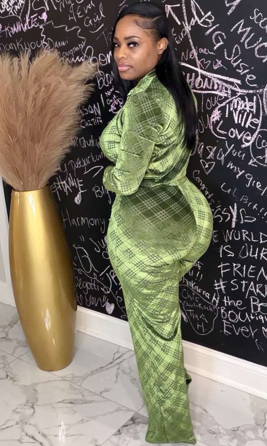 Back view of Olive Allure matching pant set highlighting curve-hugging fit