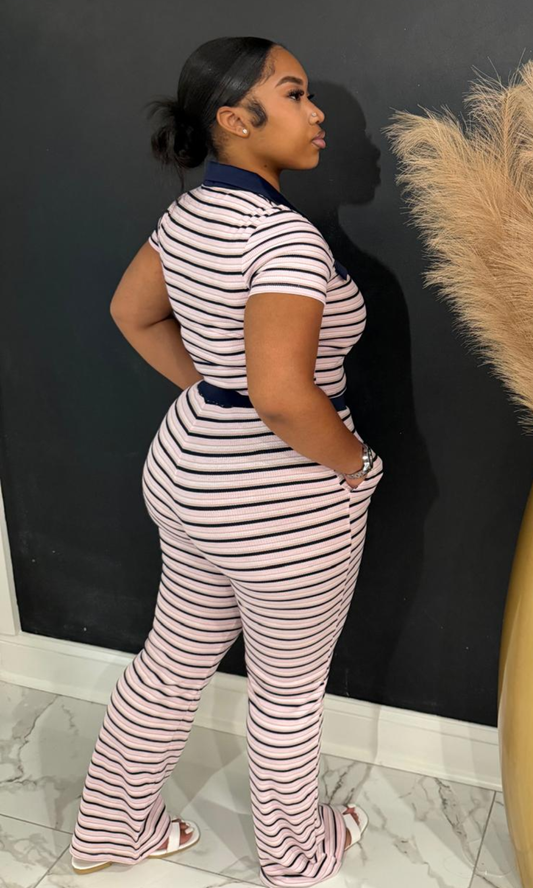 Pink Affair striped two-piece set featuring a ribbed collared top, high-waisted flare pants, and a flattering stretch fit for effortless everyday style.