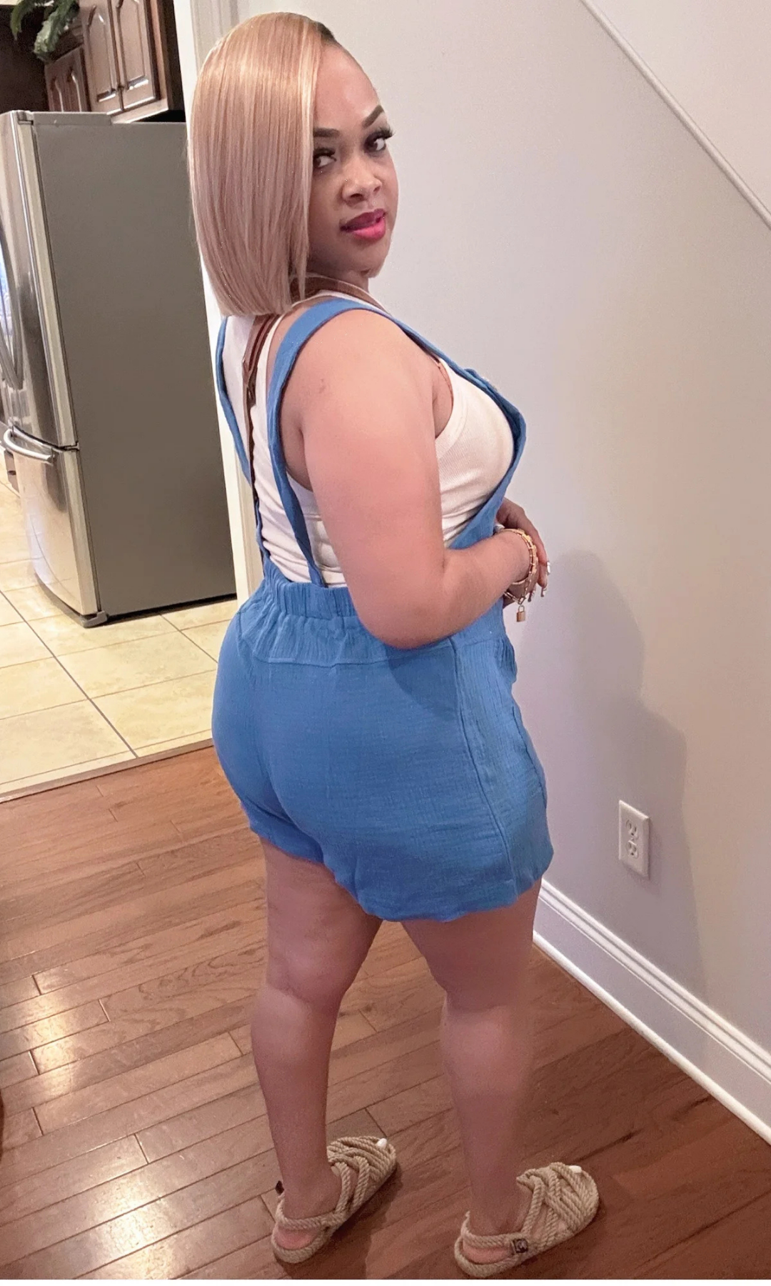 Back view of Rachel Jumpsuit showing adjustable straps and elastic waistband for a flattering fit.