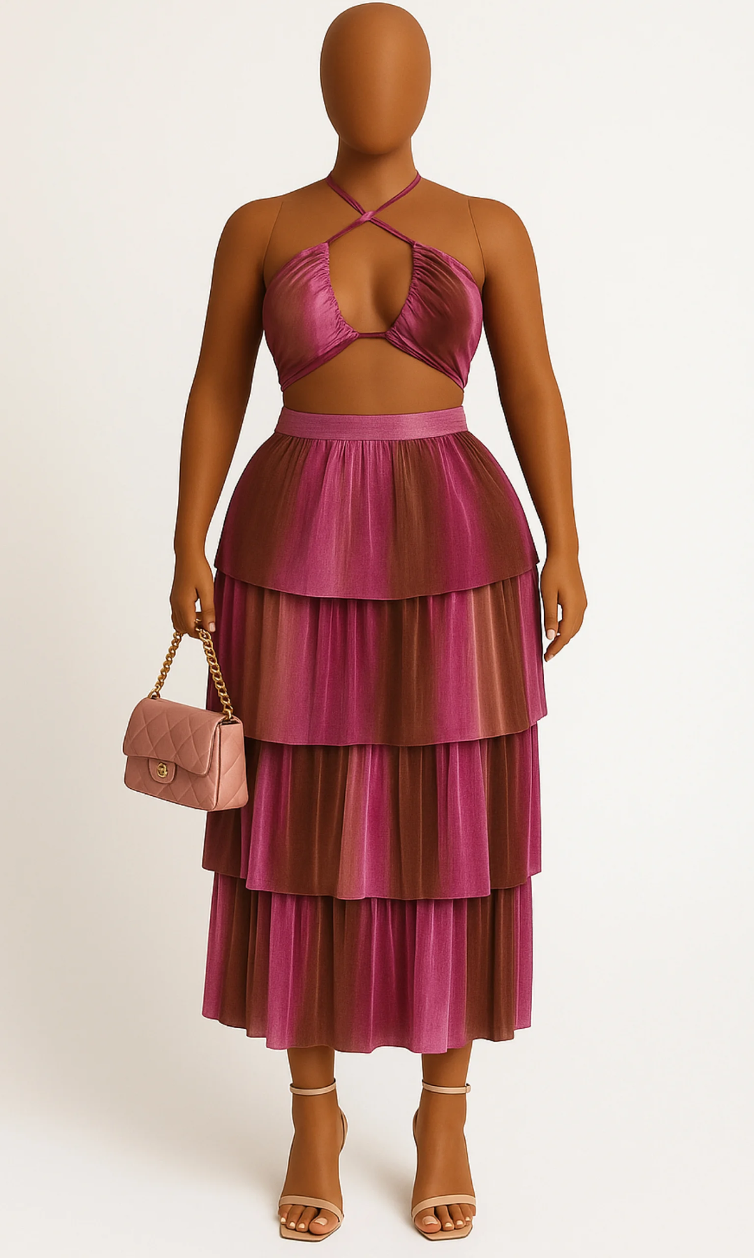 Mannequin wearing a two-tone pink dress with a matching handbag on a white background