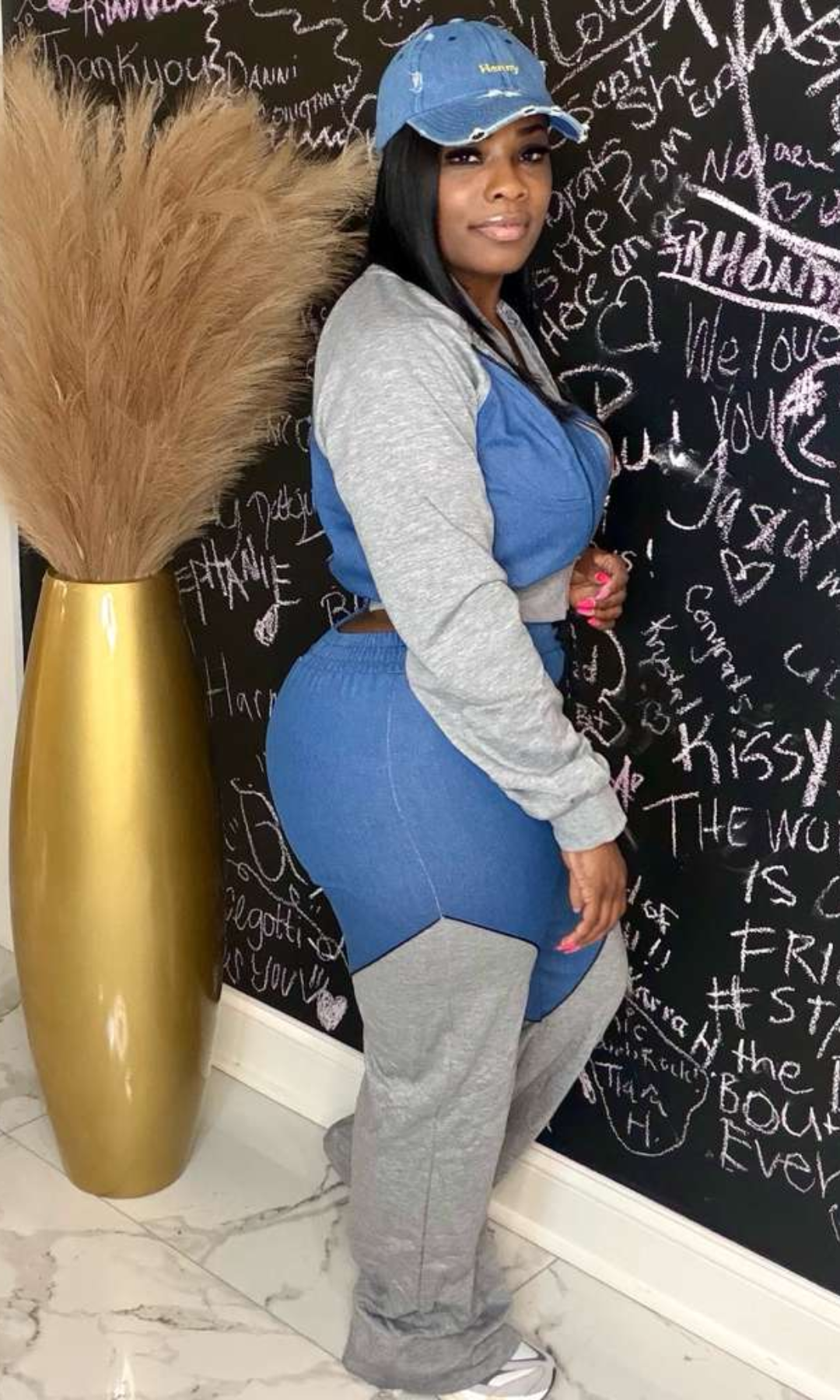 Casual two-piece jogger set with denim-inspired fabric and relaxed fit