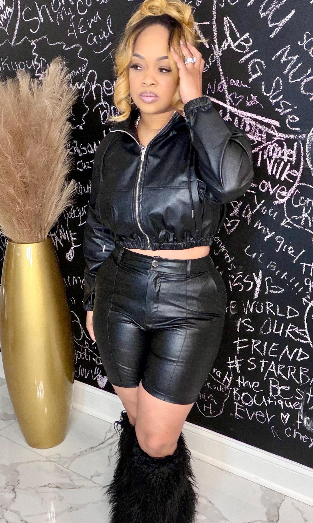 All Black Short Affair Set front view with cropped jacket and fitted shorts