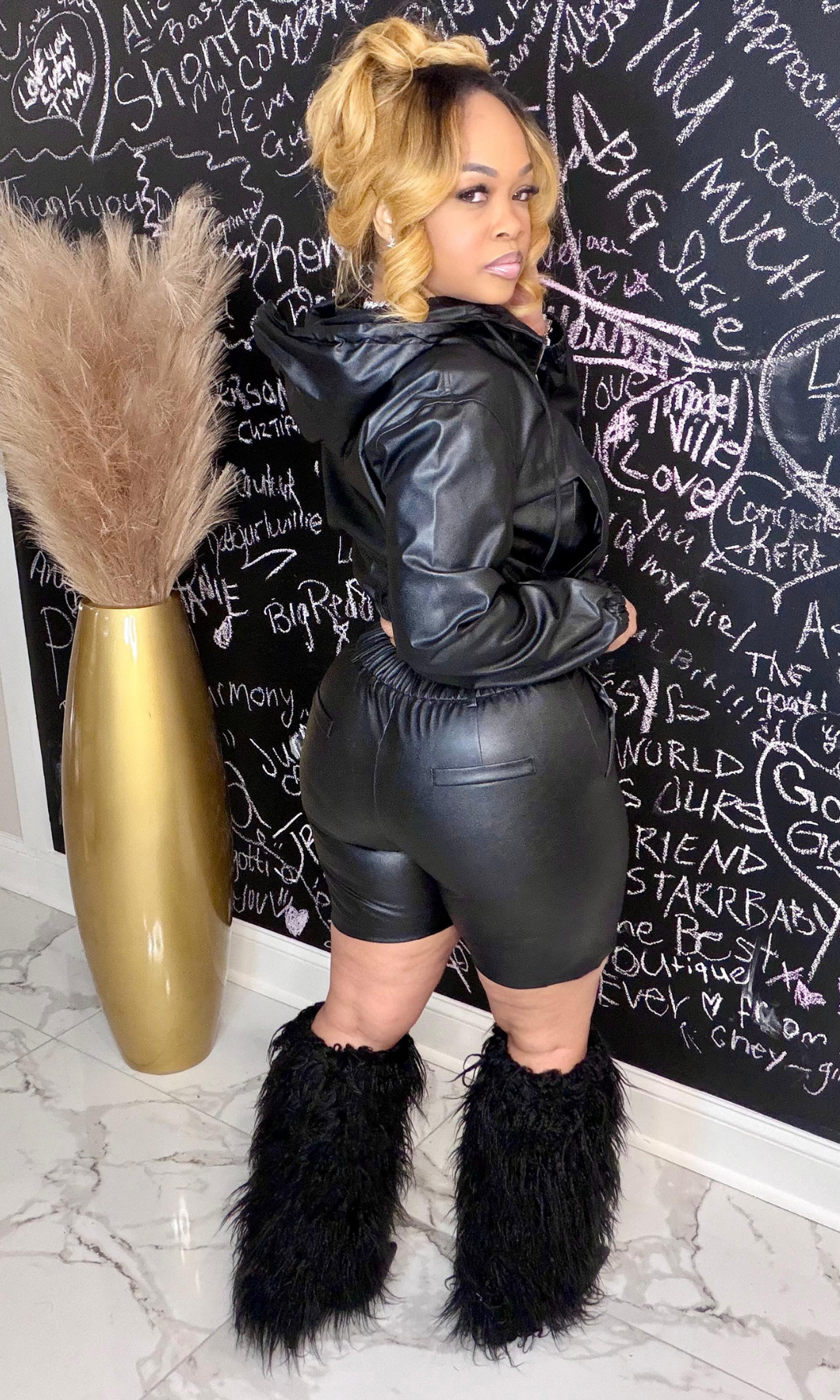 All Black Short Affair Set back view showing structured fit and faux leather finish