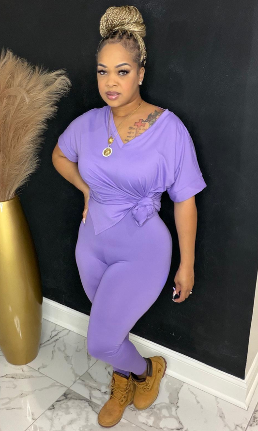 Front view of Basic Set Lavender two-piece set styled with boots.