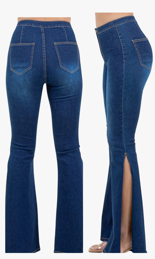 Back and side view of Bell Split bell-bottom jeans with side slit detail.