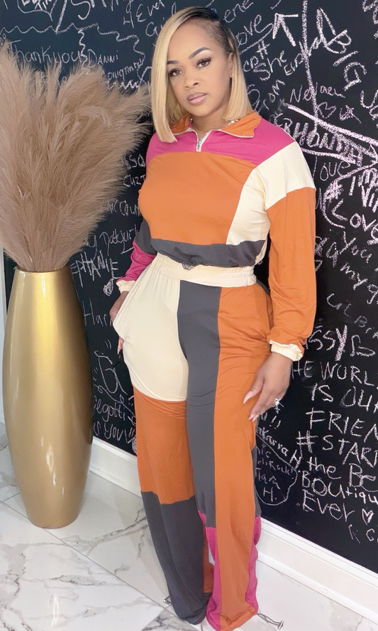 Bella Brown color-block two-piece set front view