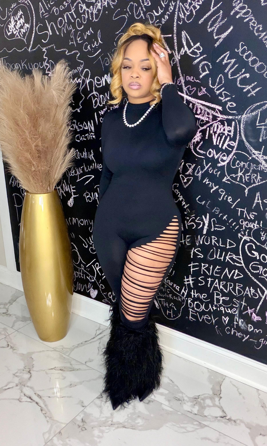 Black Cat black jumpsuit front view with leg cutout detail