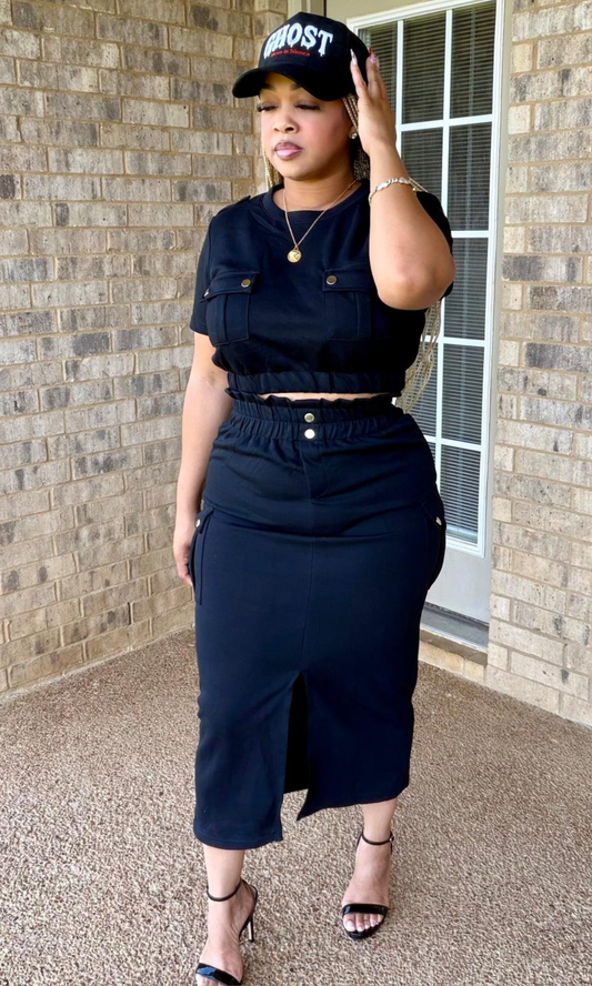Black Out Skirt Set With Split In Front