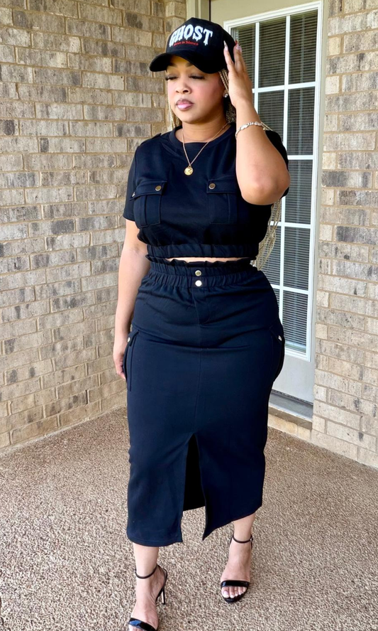 Black Out Skirt Set With Split In Front