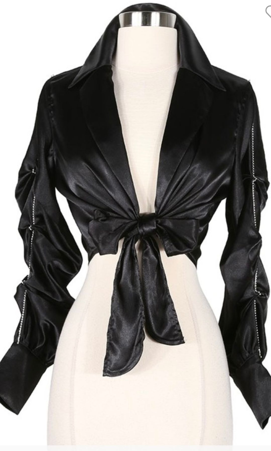 Black satin front tie crop top with long sleeves and lapel collar front view