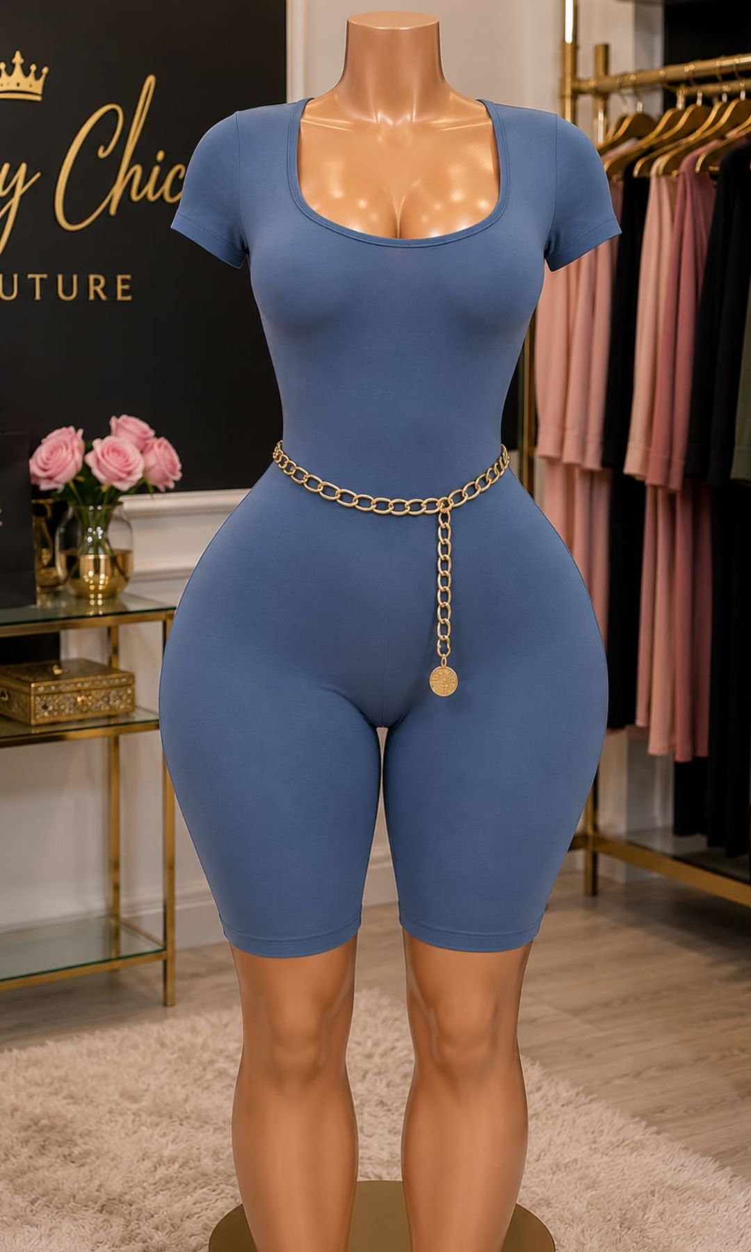 Women's Blue Haze fitted romper with a scoop neckline, short sleeves, biker shorts, and buttery-soft stretch fabric.