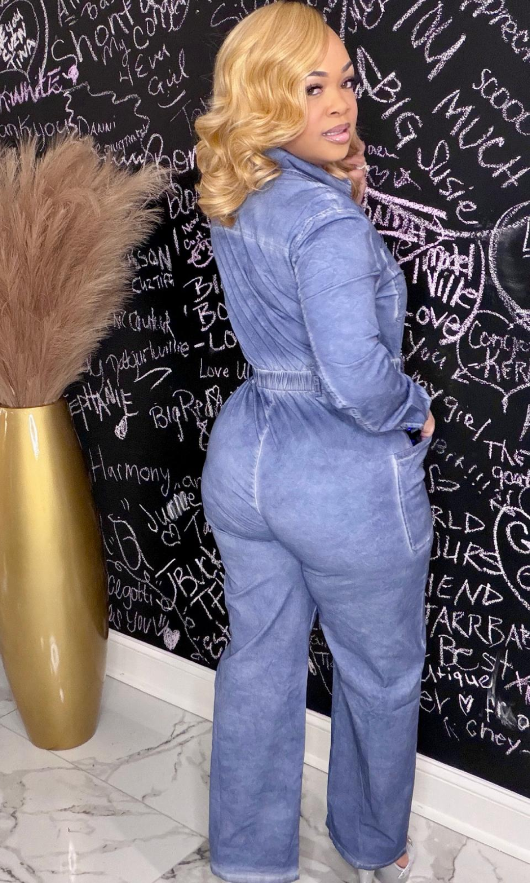 Back view of Blue Skies Light Jean Jumper highlighting denim-look fabric