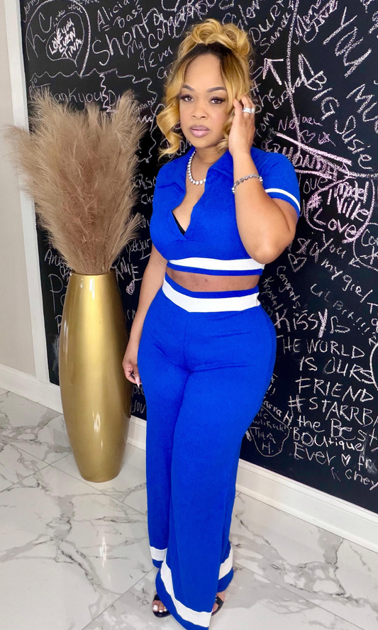 Bluey two-piece set royal blue cropped top and wide-leg pants front view