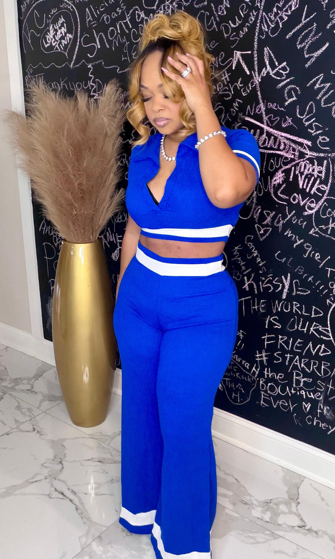 Bluey matching set royal blue with white stripe detail angled view