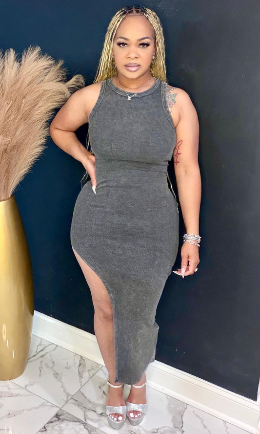 Charcoal tee fitted dress front pose highlighting sleeveless neckline and fitted shape