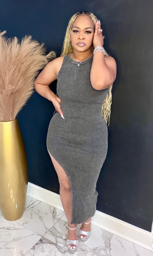 Charcoal tee fitted dress front view showing body-hugging silhouette and side slit detail