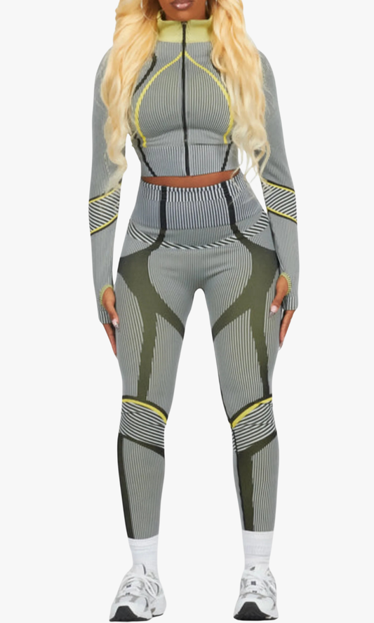 Gray and green patterned athletic outfit on a white background