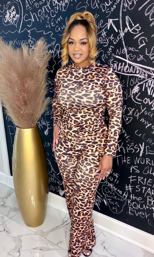 Cheetah Love two-piece set with long sleeve top and matching pants