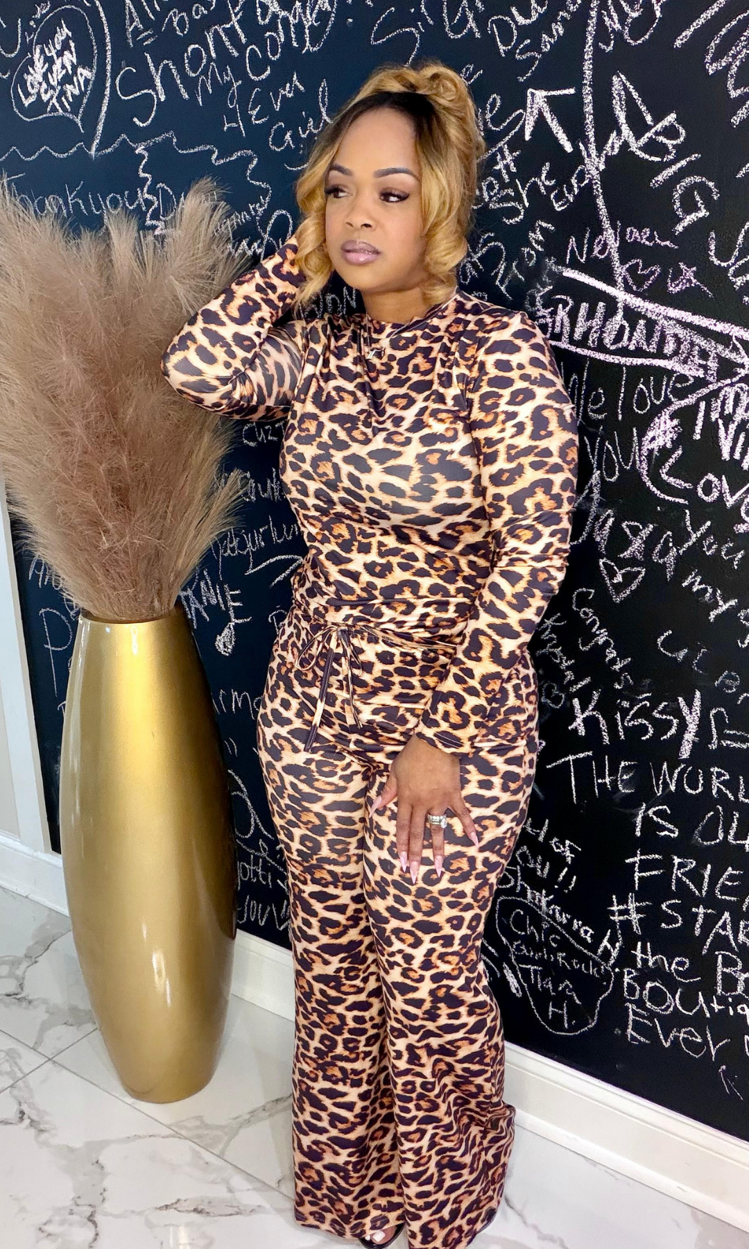 Model wearing Cheetah Love set front view