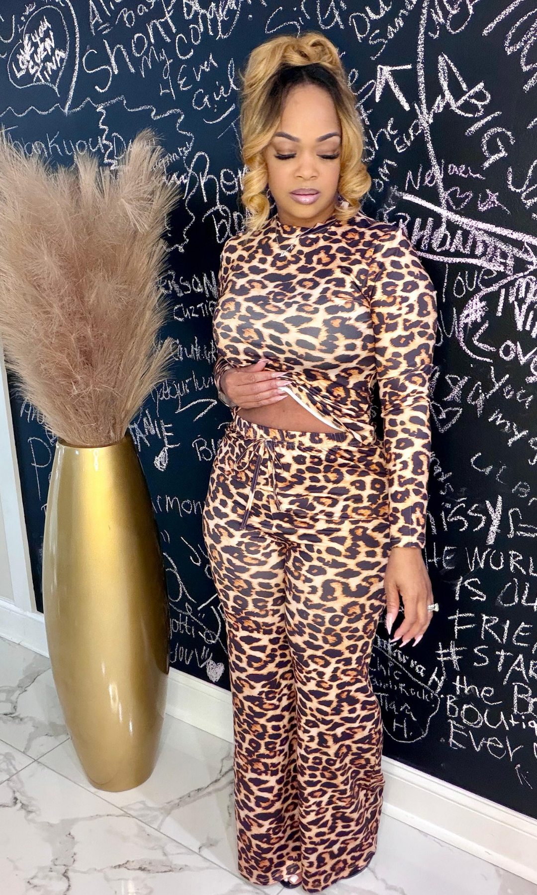 Cheetah Love two-piece set with long sleeve fitted top and matching pants