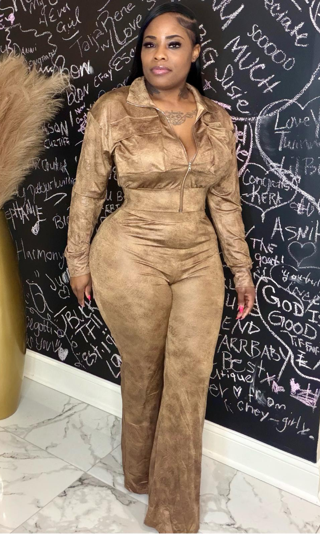 Cocoa Luxe Utility Pant Set front view showing zip-front top and wide-leg pants