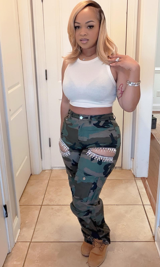 Combat Gaze Cargo Pants front view with camo print and crystal fringe