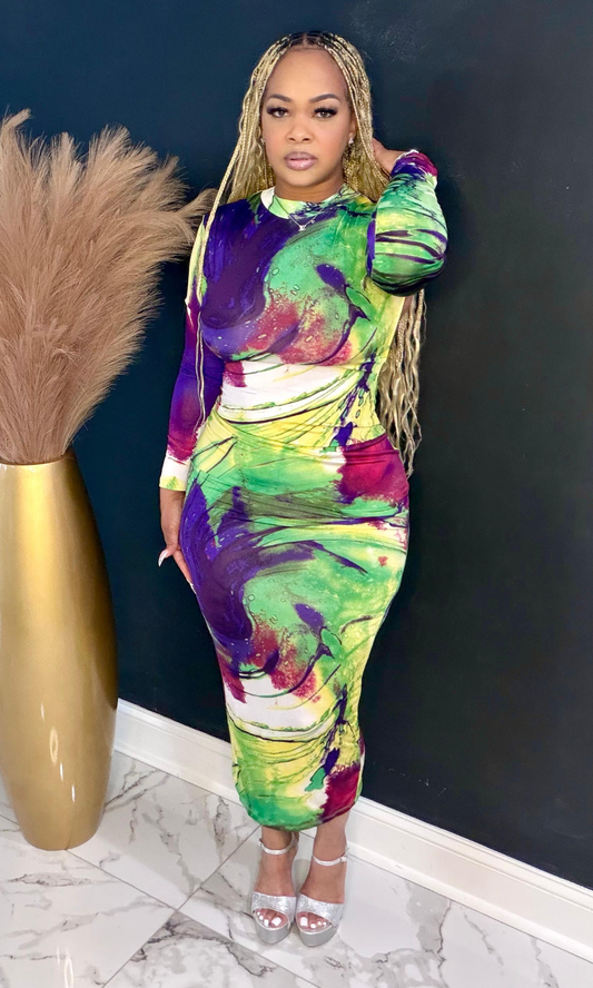 Evergreen plum cutout long dress front view with abstract green purple print and long sleeves