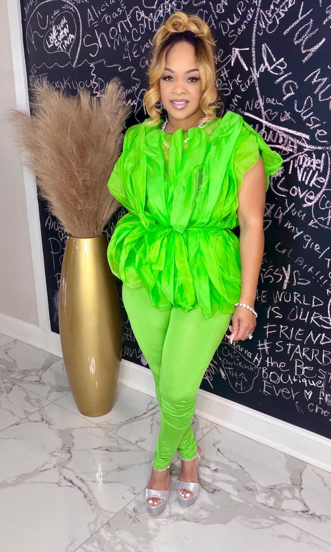 Fab in Lime two-piece set featuring sheer layered top with waist tie and fitted leggings, front view