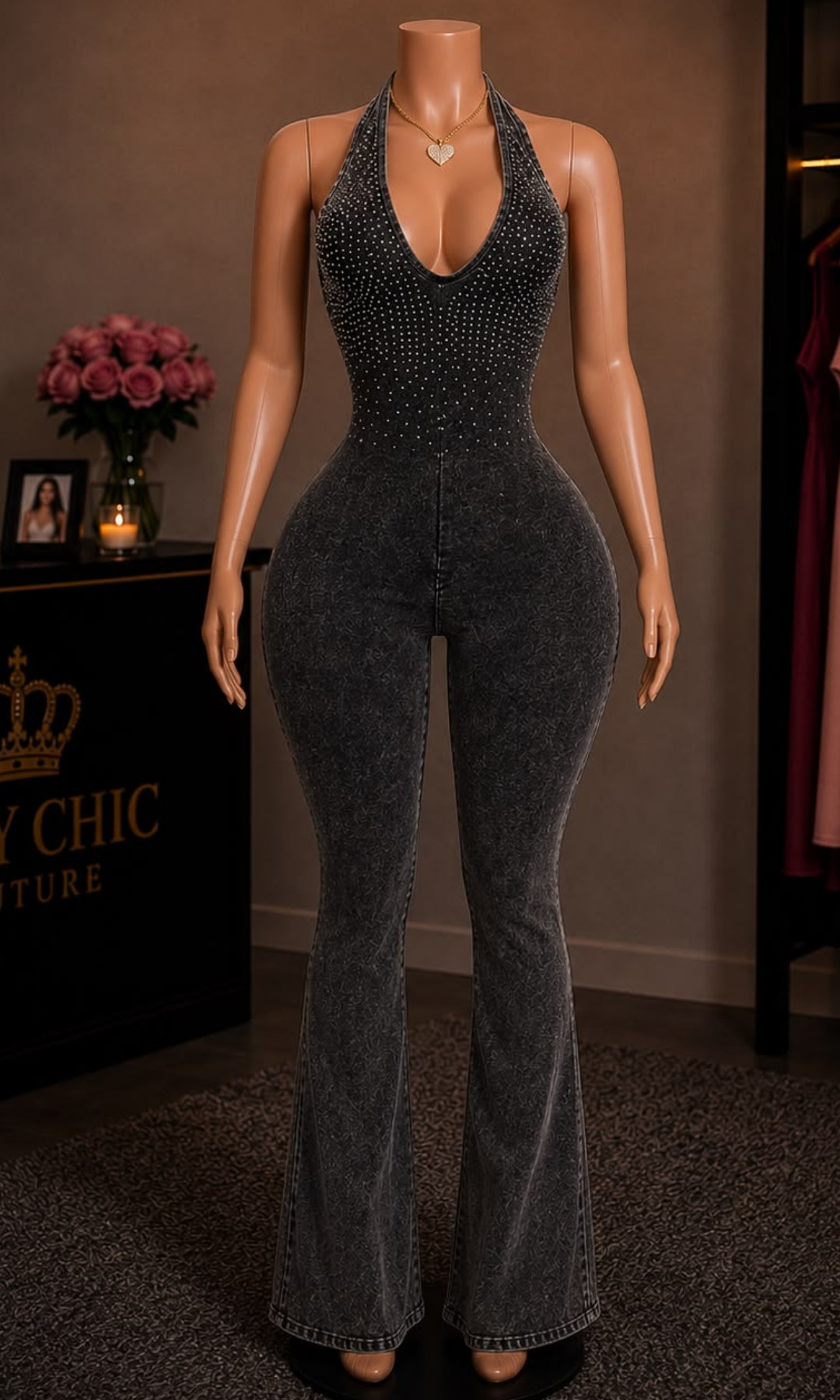 Women's washed black halter jumpsuit featuring rhinestone embellishments, a plunging neckline, open back, and flared legs.