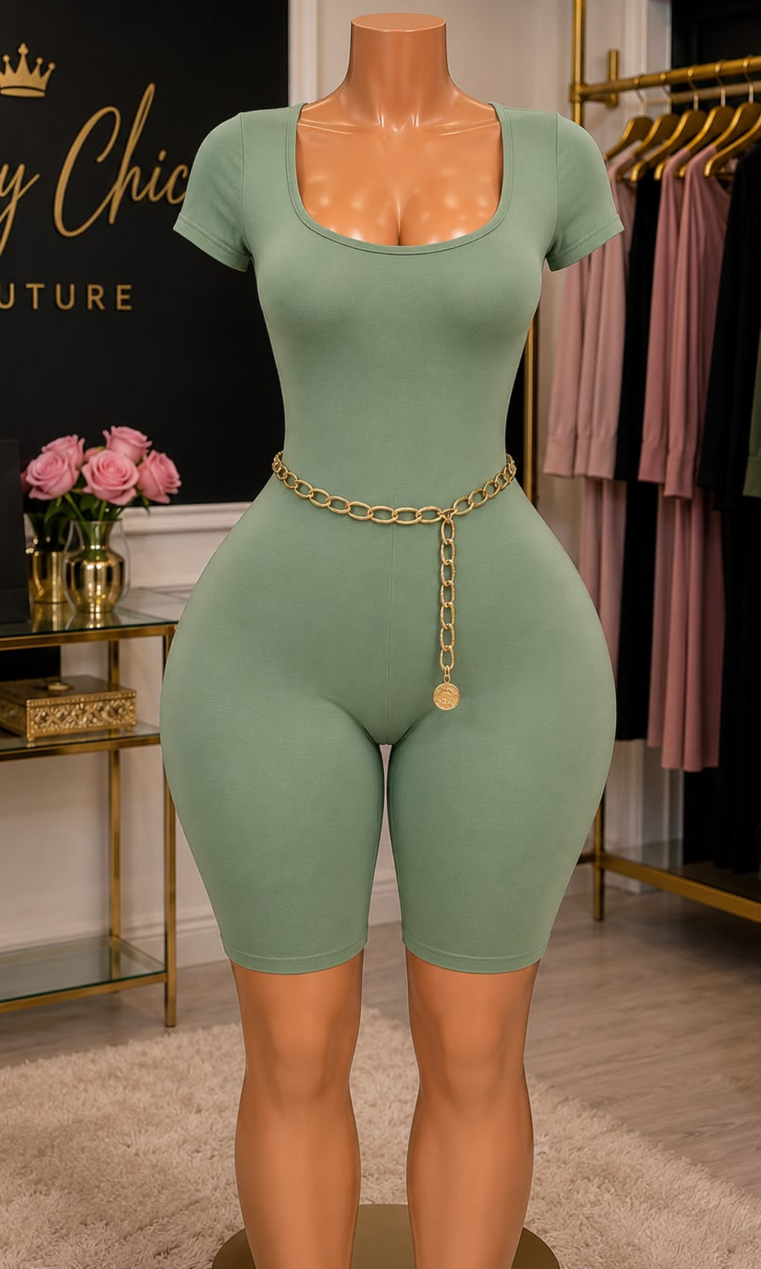 A sage green short-sleeve biker bodycon dress displayed on a mannequin in a boutique setting, featuring a gold chain belt at the waist.