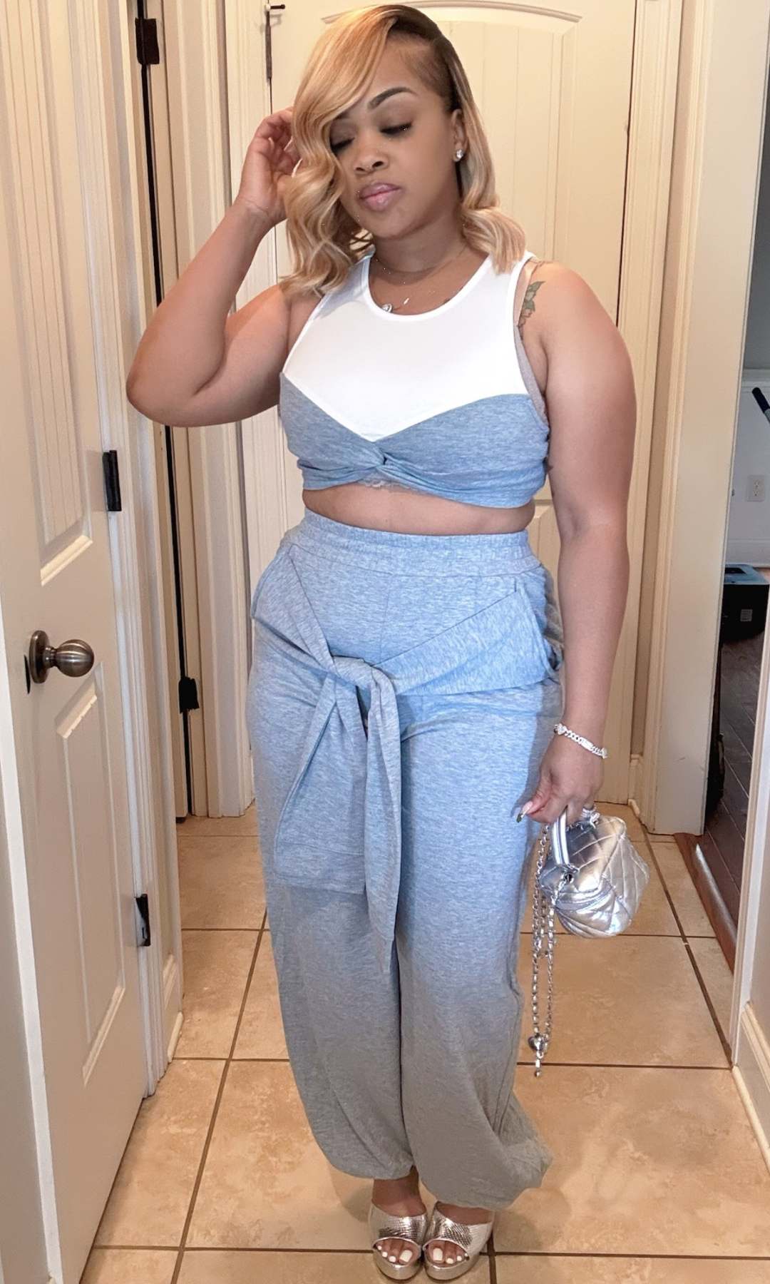 Grey Self two-piece set – front view with crop top and wide-leg pants
