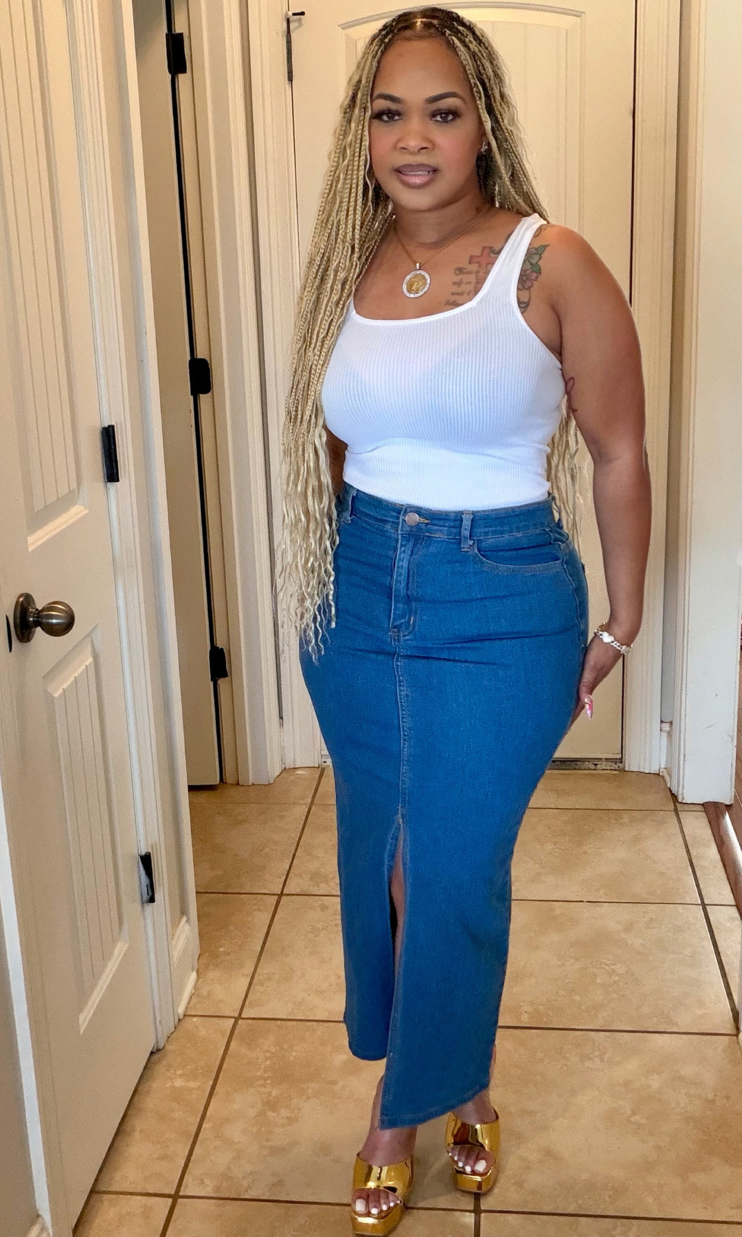 Denim Fitted Front Split Skirt