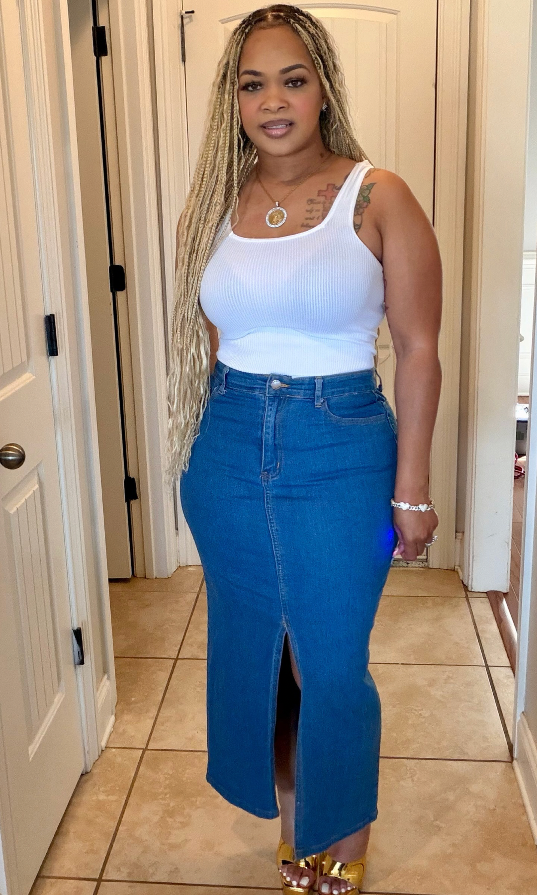 Denim Fitted Front Split Skirt