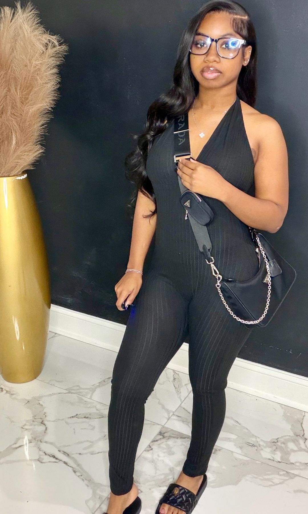 Black Ribbed Catsuit