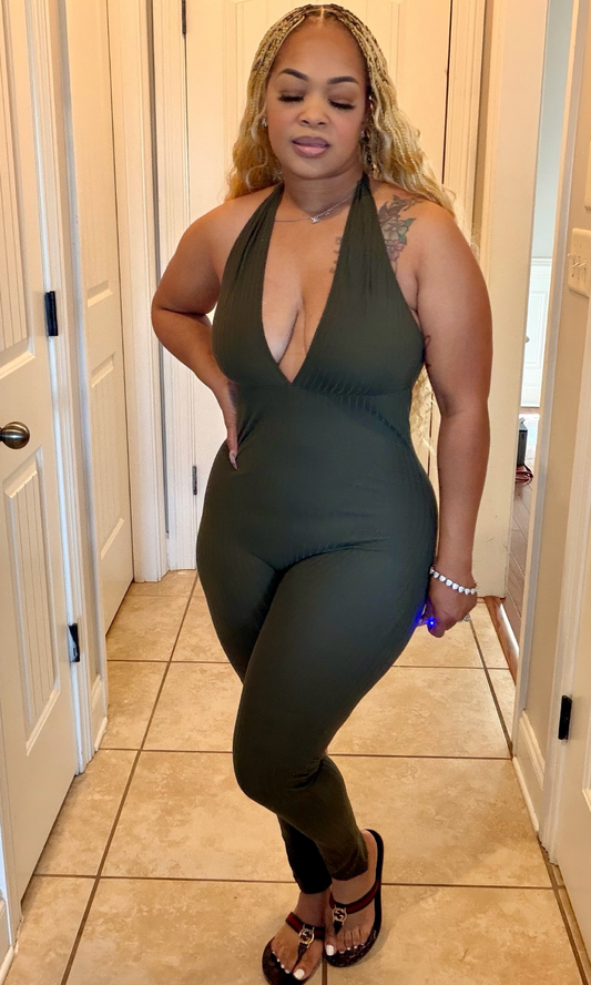 Olive ribbed catsuit