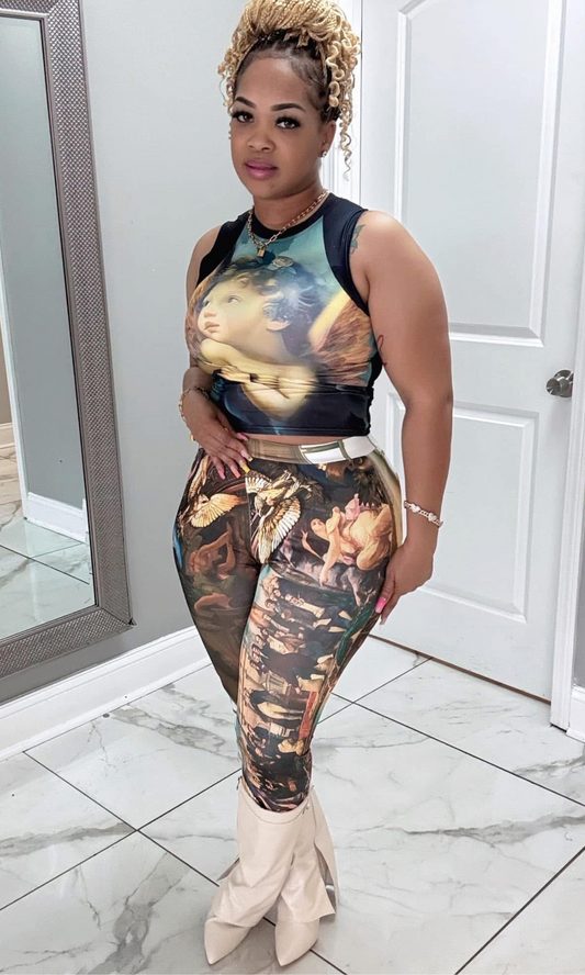 Woman wearing Innocence Set, front view with art-inspired crop top and leggings.