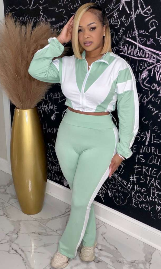 Lovely Melon two-piece set with cropped zip-up jacket and high-waisted pants