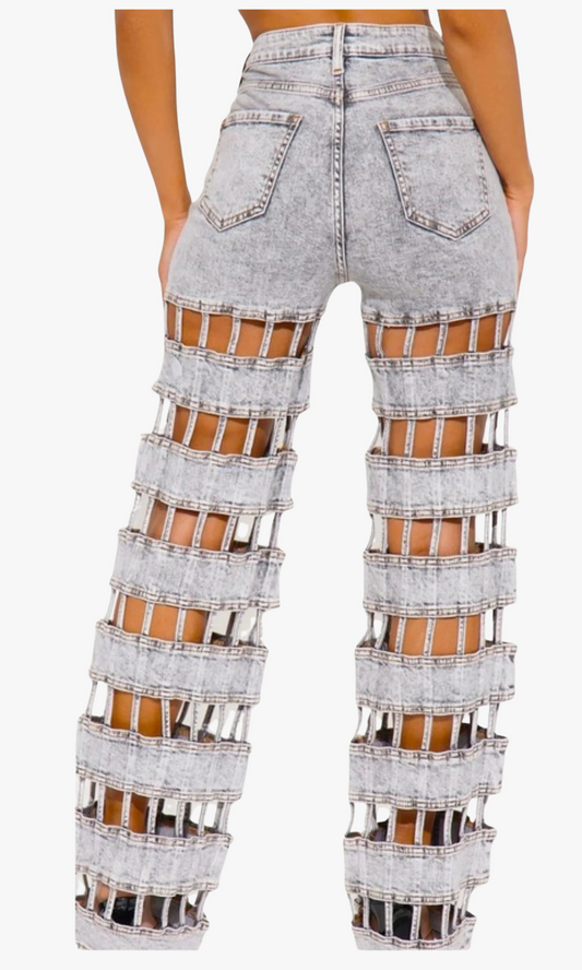 Back view of acid-wash Mama Jamma Bottoms with lattice cutout design