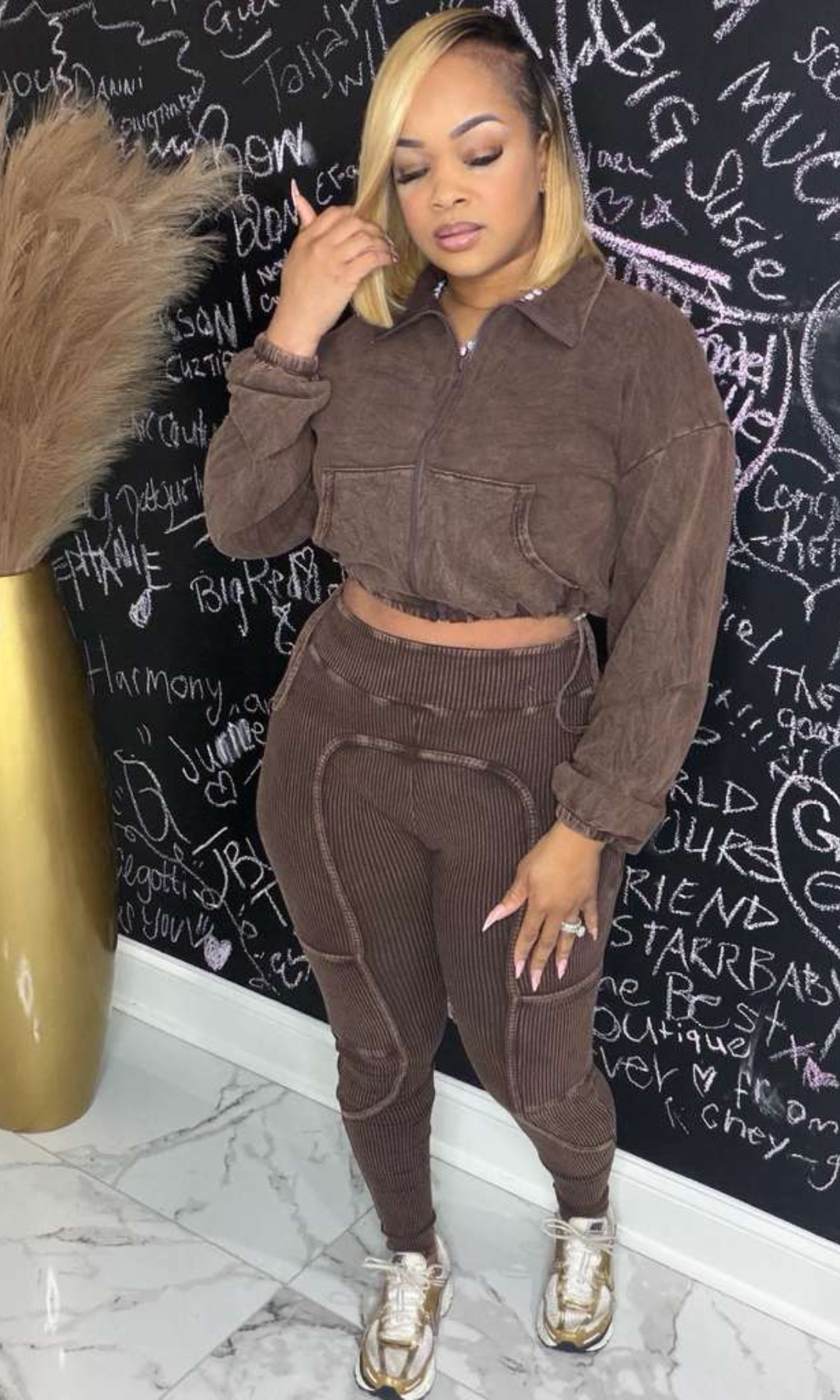 Mocha Muse Set two-piece brown ribbed jacket and leggings front view